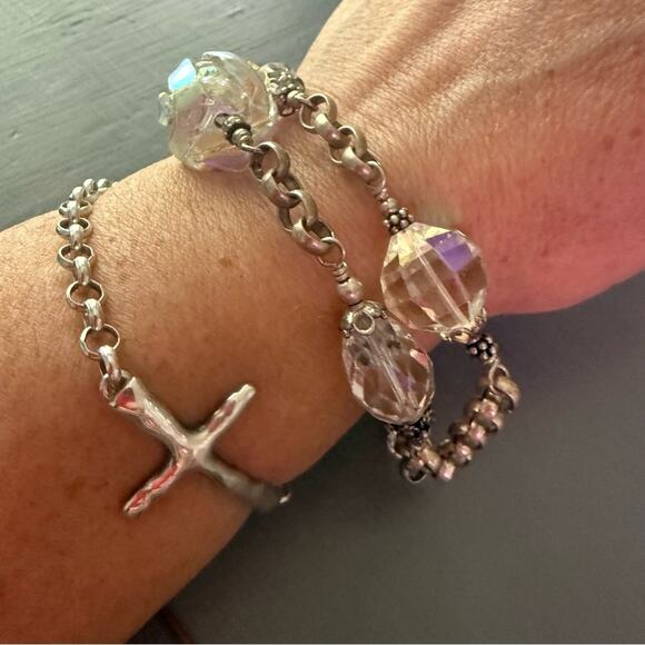 925 Sterling Silver Clear Opalescent Beaded Chainlink Multi Chain Bracelet - Picture 6 of 8